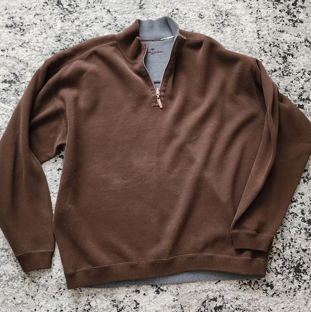 TOMMY BAHAMA 1/4 Zip Sweater Pullover Mens Size XL Brown Gray